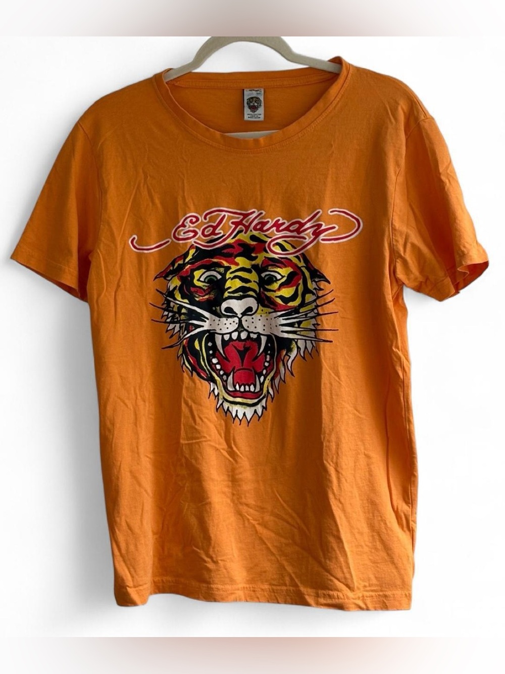 Y2K-Style Ed Hardy Orange Tiger Graphic Short Sleeve T-Shirt Size 19/20 Youth